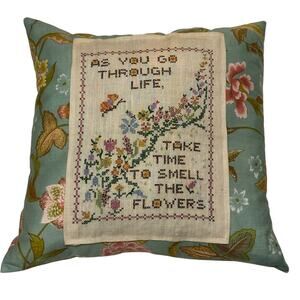 Waverly Blue Floral Pillow Cross Stitch Sampler Embroidery 17x17" Cottage Core